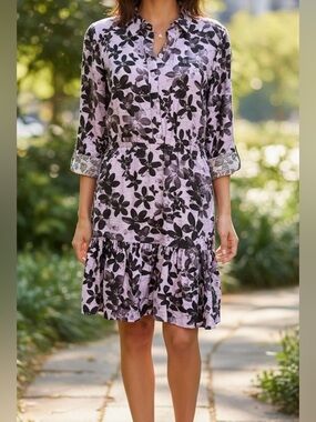 Simply Vera Vera Wang Purple Floral Shirt Dress S Collared Elastic Waist
